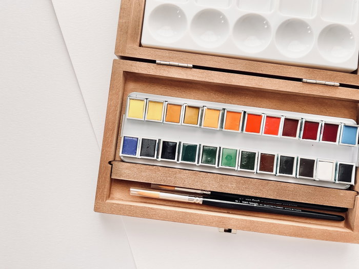 Van Gogh Set d'aquarelles en boîte en bois, 24 couleurs en demi-pastilles et 3 accessoires